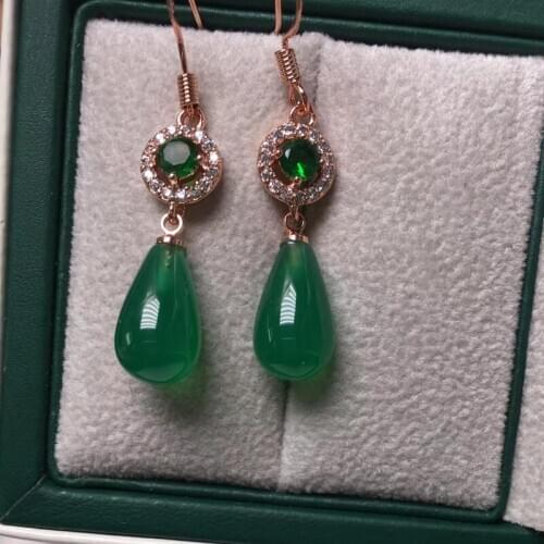 2020Natural Green Jade Water Drop Earrings For Women CZ Emerald Gemstone 925 Sterling Silver Earring Charm Fine Jewelry