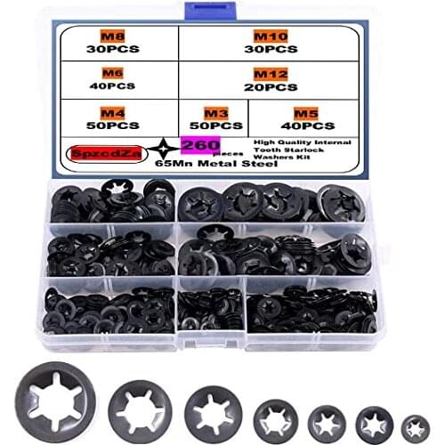 260Pcs M3 M4 M5 M6 M8 M10 M12 Push-on Locking Washers Lock Star Nut Metal Quick Speed Star Nut Locking Fastener Assorted Kit
