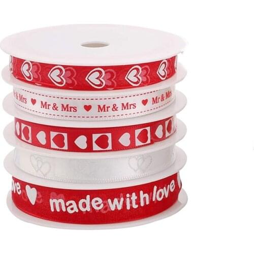 5 Rolls Love Bow Fabric Satin Grosgrain Heart Wired Craft Ribbon for DIY Hair Clip Wedding Party Decoration Gift Bow Wrapping