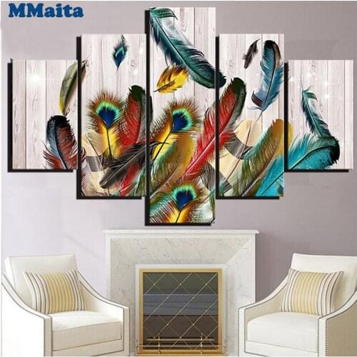 5Pcs Colored Feathers Diamond Painting Rhinestone Full Square/Round 5D Diy Diamond Embroidery Cross Stitch Wall Stickers GG5344