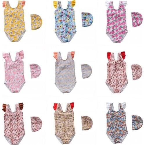 One-piece Baby Girls Swimwear Printed Swimming Suits With Cap Cute Princess Kids Child Beach Summer Swimwear Bathing Suits