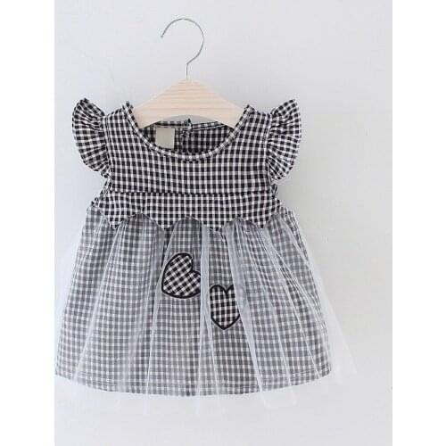 Kid Baby Girl Dress Ruffle Flying Sleeve Plaid Love Stitching Mesh Dress Tulle Party Princess Dress Clothing