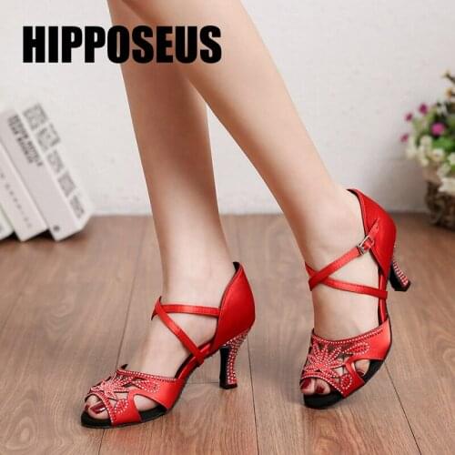 Hipposeus New Dance-Shoes Women Latin Ballroom Salsa Tango Dancing Shoes Girls Female Modern Party Soft Dance Shoes Sandals Red