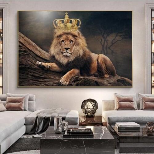 Lion King With Royal Crown Canvas Prints Wall Art Posters And Prints African Animal Funny Lion Painting Picture For Living Room
