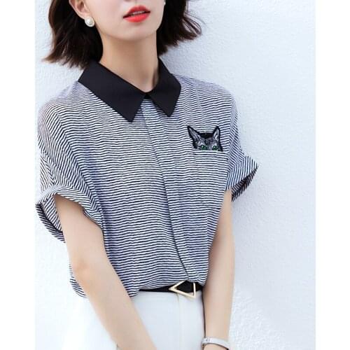 Summer Fashion Women Chiffon Blouses Casual Stripe Women Chiffon Tops Turn-down Collar Short Sleeve Woman Clothing