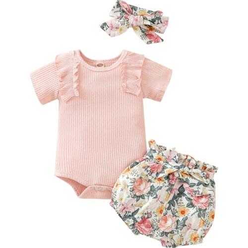 3Pcs Baby Girls Summer Clothes Solid Color Ribbed Short Sleeves Romper + Floral Print Shorts + Hairband
