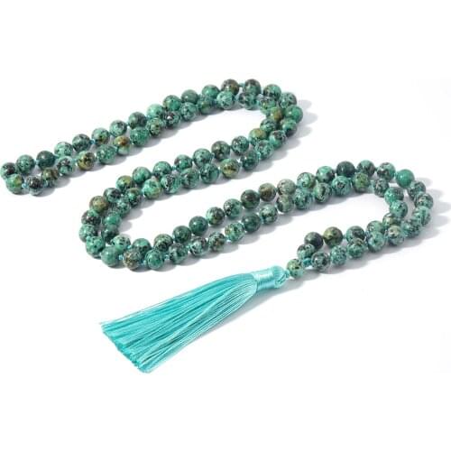 Turquesa Africana Beaded 108 Mala Knotted Necklace Blessing Yoga Meditation Declaration Japamala Tassel Environmental Jewelry