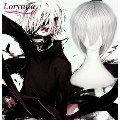 Loryana Hair Tokyo Ghoul Kaneki Ken Wig Short Straight Silver Grey Synthetic Hair Cosplay Anime Wigs Heat Resistance Fiber