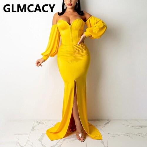 Long Sleeve Off Shoulder Corset Maxi Dress Elegant Evening Party Slit Dress