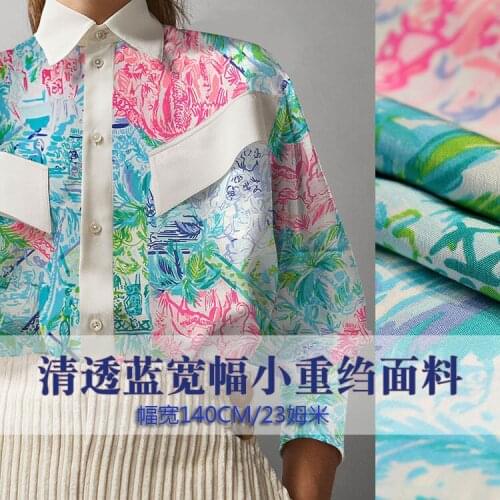 1 Meter Clear Blue Flower Wide Silk Heavy Crepe Fabric 100% Mulberry Dress/shirt