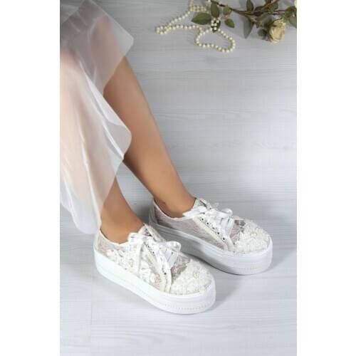 Rachel Ladies Bridal Women Pearl Lace Luxury Floral Handmade Fashion Platform High and Flat Heel White Wedding Shoes