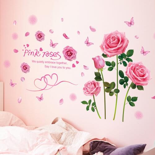 [shijuekongjian] Pink Roses Wall Stickers DIY Flowers Plants Wall Decals for Living Room Kids Bedroom Kitchen Wedding Decoration