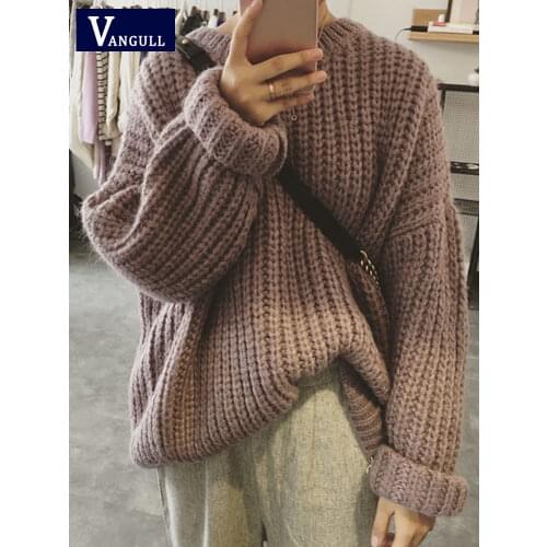 Vangull O-neck Pullovers Thick Line Knitted Women Sweater Autumn New Oversized Long Sleeve Solid Color Casual Retro Sweater Top