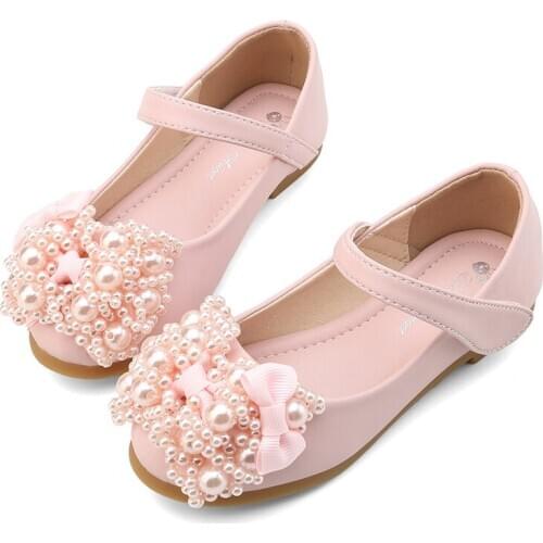 Spring 2021 Child Dress Leather Shoes For School Girls Fashion Bow Beaded Princess Wedding Party Shoes 2 3 5 7 8 9 10 11 12 Year