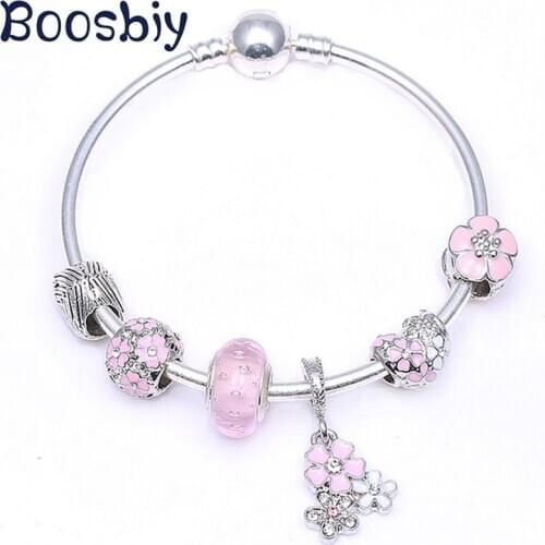 High Quality Silver Plated European Style Charm Bracelet With Pink Flower Charm Beads DIY Fashion Brand Jewelry Gift For Women