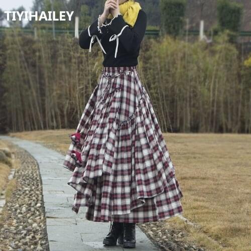 TIYIHAILEY Free Shipping New Long Maxi A-line Elastic Waist Women Plaid Chinese Style S-2XL Cotton Irregular Big Hem Thin Skirt