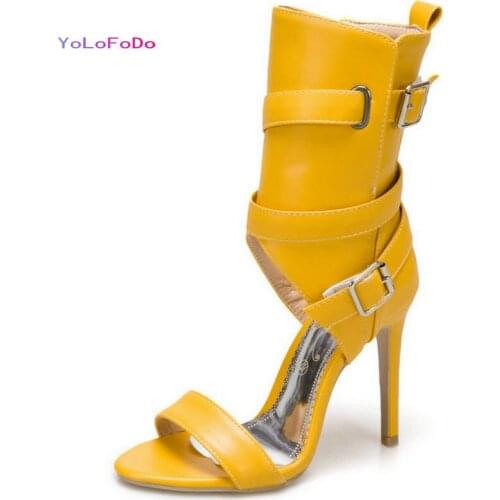 Plus Size Summer Women High Heel Shoes PU Leather Ladies Thin High Heel Shoes Open Toe Buckle Women Sandals Black Blue Yellow
