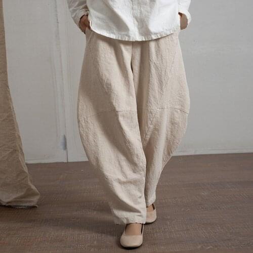 Johnature 6 Color Linen Pants Vintage Women Trouser Spring Elastic Waist Pockets Solid Color Patchwork 2020 Women Harem Pants