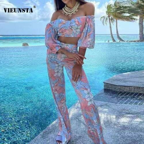Autumn Retro Floral Print 2 Piece Set Sexy Off Shoulder Crop Tops + Elegant Wide Leg Pant Outfits 2021 Spring Casual Women Suits