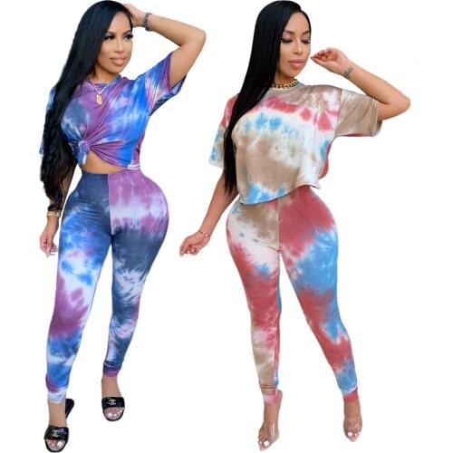 Women Fashion Tie Dye Print Two-piece Set Purple Round Neck Short Sleeve Crop Tops High Waist Skinny Pencil Pants Suit 2 Colors