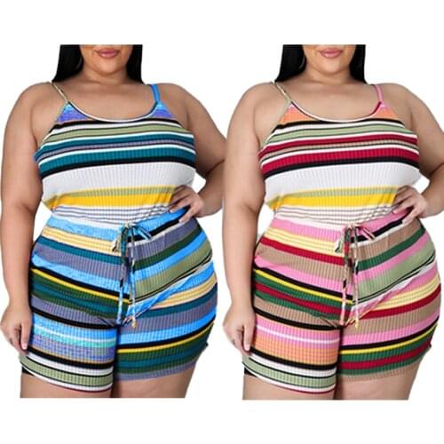 Color Striped Printing Women Summer Two Piece Sets Plus Size Lace-up Mini Shorts + Sleeveless Spaghetti Strap Vest Sexy Outfits