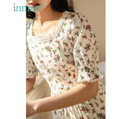 INMAN Korean Vintage White One-Piece Women Summer Elegant Square Collar Lace Patchwork Flare Sleeve Dobby X-Shape Floral Dress