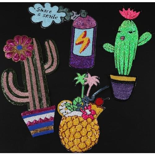 3pcs/lot Large Sewn Sequins Embroidery Patches Letters Clothing Decoration Accessories Cactus Pineapple Strange Things Applique