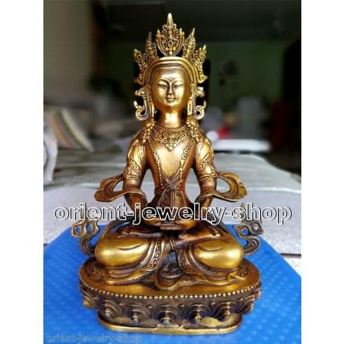 Antique Old Gilt Bronze Buddha Statue Amitayus Amitabha Kwan-yin lucky longevity