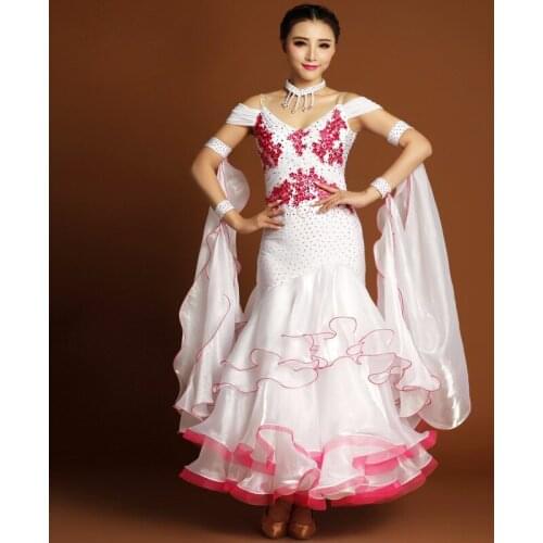 White Expansion Long Dress w/Rose Decorations for Adult Standard Ballroom/Tango/Waltz/Foxtrot/Modern Dance Competition Costume