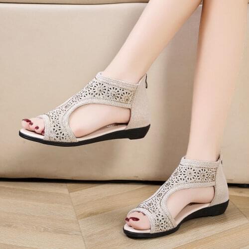 Roman Sandals Womens 2021 Summer New Wedge Low-heeled Rhinestone Soft Bottom Ladies Fish Mouth Sandals