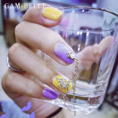 GAM-BELLE Hit Color Fake Nails With 3D Rhinestones Chain Decoration Full Cover False Press On Nails Tips DIY Manicure Tools