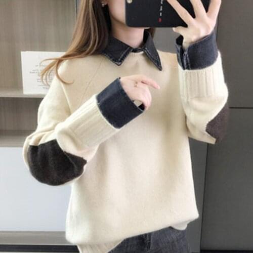 Fake Two-Piece Shirt Denim Collar Pullover Sweater Woman 2020 New Autumn Winter Fashion Casual Color Matching Knitting Sweaters