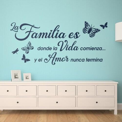 Modern Spanish Family Is Where Life Begins Butterfly Wall Sticker Living Room Familia es donde la vida comienza Wall Decal Viny