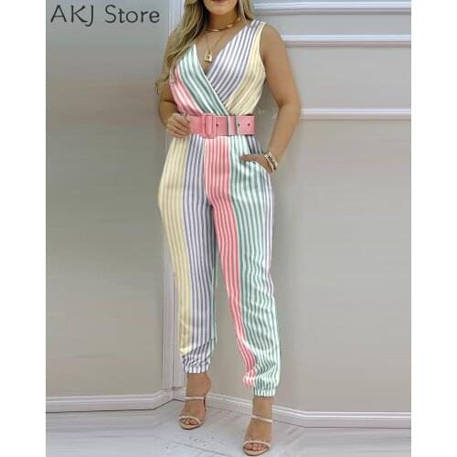 Sleeveless Pocket Design Stripe Print Jumpsuit