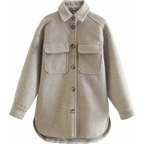 Merodi Winter Vogue Lady Za Woolen Khaki Long Jacket Female Stylish Double Pocket Solid Thick Coats Women Casual Shirt Outwear