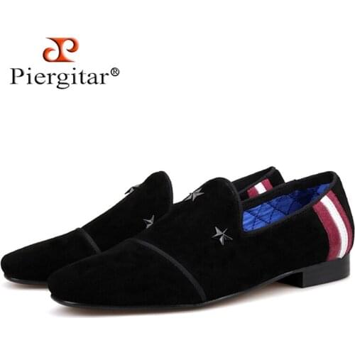 Piergitar 2019 Handmade men suede shoes with black stars buckle Fashion Party and Prom men loafers plus size mens flats