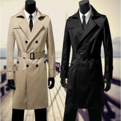 Mens trench coats black khaki Korean man double breasted long coat men clothes slim overcoat long sleeve spring autumn S - 9XL