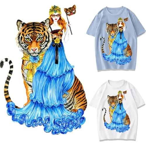 Girl with Animal Tiger Patches Thermal Stickers on Clothes Iron-on Transfers for Clothing Thermoadhesive Patch Diy Applique