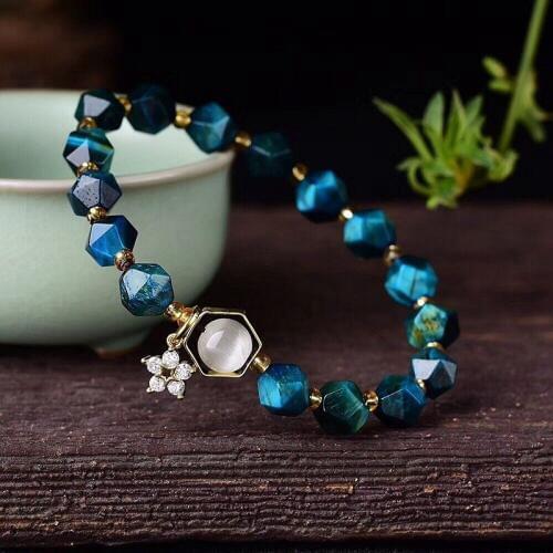 Natural blue tiger eye stone cut Angle single circle bracelet 8MM hand string color beautiful fashion women