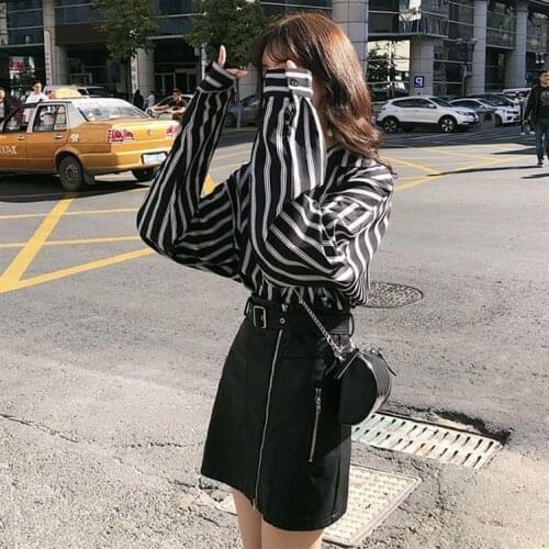 Set autumn womens two-piece striped shirt womens long sleeve short leather skirt bag hip skirt skirt A-line skirt set