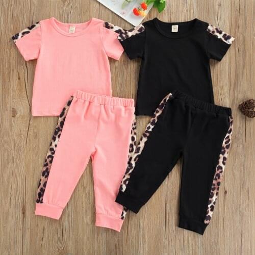 1-5T Unisex 2 Pieces f Baby Leopard Stitching Lycra Clothing, Baby Casual Short-Sleeved Round Neck T-Shirt + Pants Suit