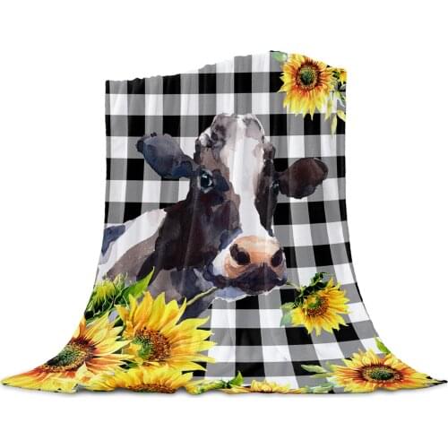 Country Style Cow Black Plaid Throw Blanket for Sofa Christmas Decoration Bedspread Portable Microfiber Flannel Blanket