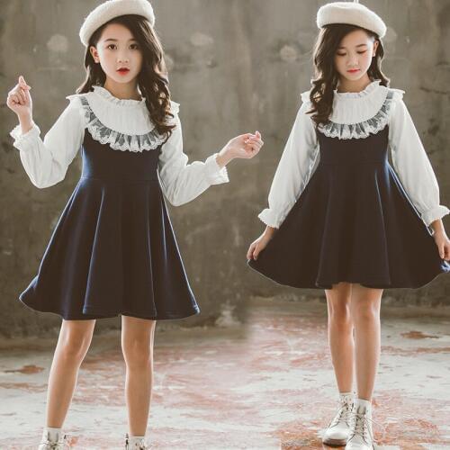 Princess Dress Girls Winter Clothing Children Costume Long Sleeve Lacework Fake Two Pieces Autumn Dresses Kids Clothes 4-12 Year