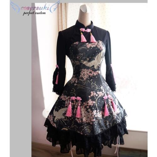 Qi Lolita Dress Chinese Style Qiluo Incense Sakura Fairy / Kylin Printed OP Lolita One Piece Dress