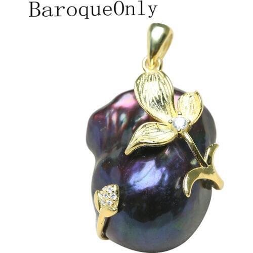 BaroqueOnly natural freshwater black peacock green pearl pendant 925 silver sterling AAAA Zircon women gifts jewelry necklace