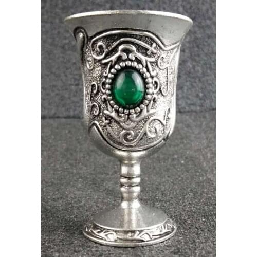 Elaborate Chinese Collectable Tibetan Silver Decorated Handwork Inlaid with Imitation Green Bead Wine Cup