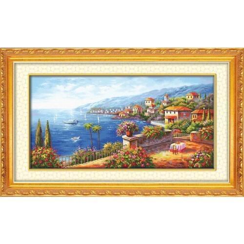 Needlework,Mediterranean Scenery Seaside town 14CT For embroidery,DIY Cross stitch kits,Art Pattern Cross-Stitching decor