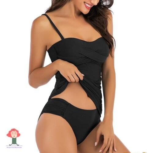 Sexy Swimwear 2 Piece Bathing Suits Black Strapless Tankini Swimsuit Ruched Padded Women Slimming Bandeau Bikini 2021