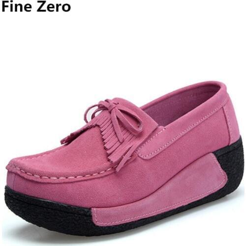 Fine Zero Spring Women Casual suede Leather Platform Tassel wedge Slip-on ladies creepers shoes red Fur Winter