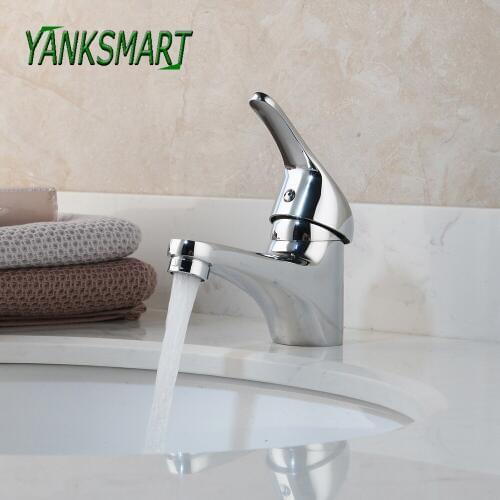 YANKSMART DE Chrome Polished Bathroom Basin Sink Faucet Single Handle Deck Mounted Short Faucets Cold Ang Hot Mixer Water Tap